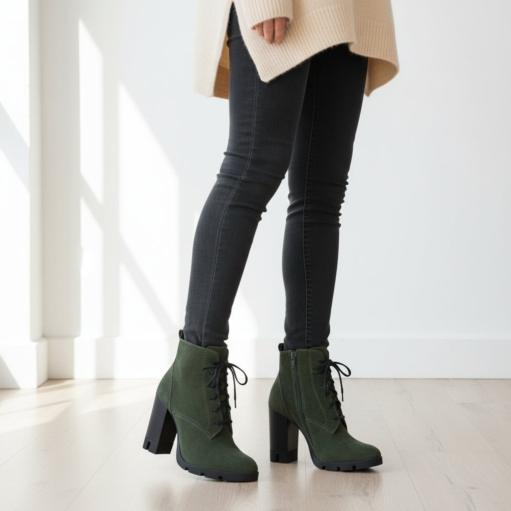 Person wearing green suede boots with a neutral background