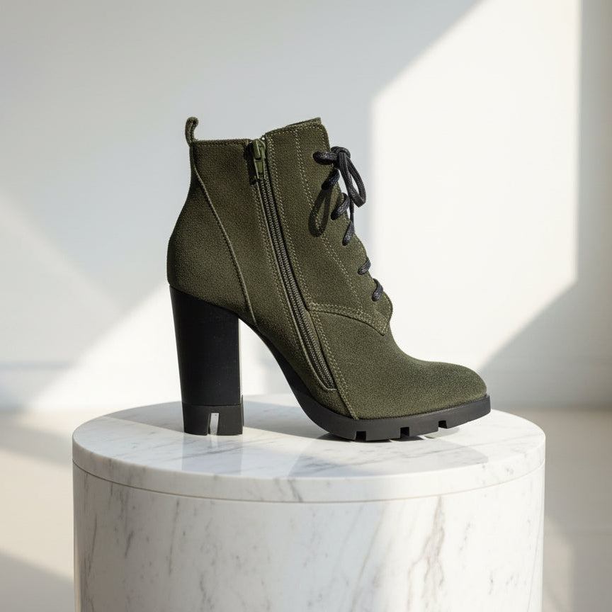 Green ankle boot with a black block heel on a white marble pedestal