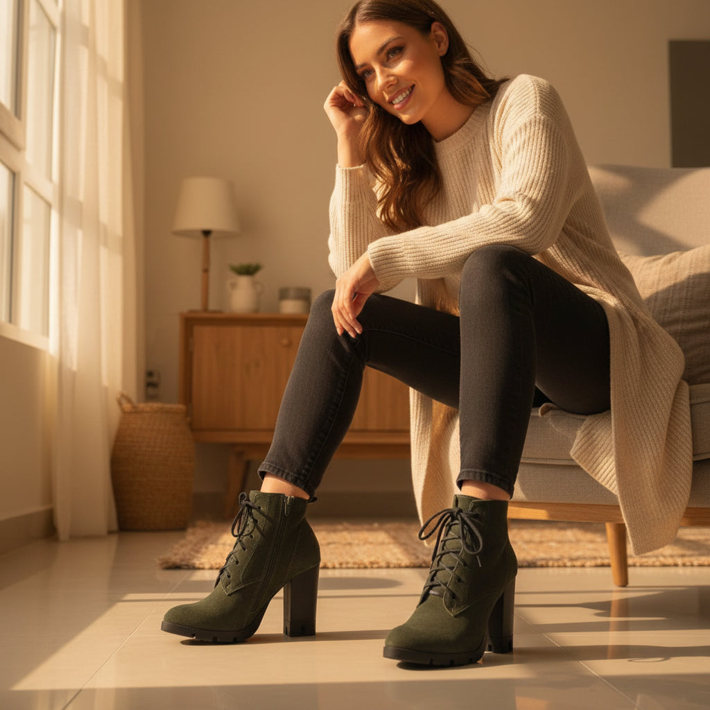 Woman sitting on a chair wearing green high-heeled boots in a cozy room.