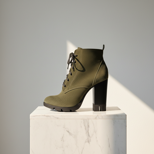 An olive green ankle boot with a chunky black block heel and black laces, displayed on a white marble pedestal against a light gray background with a diagonal shadow.