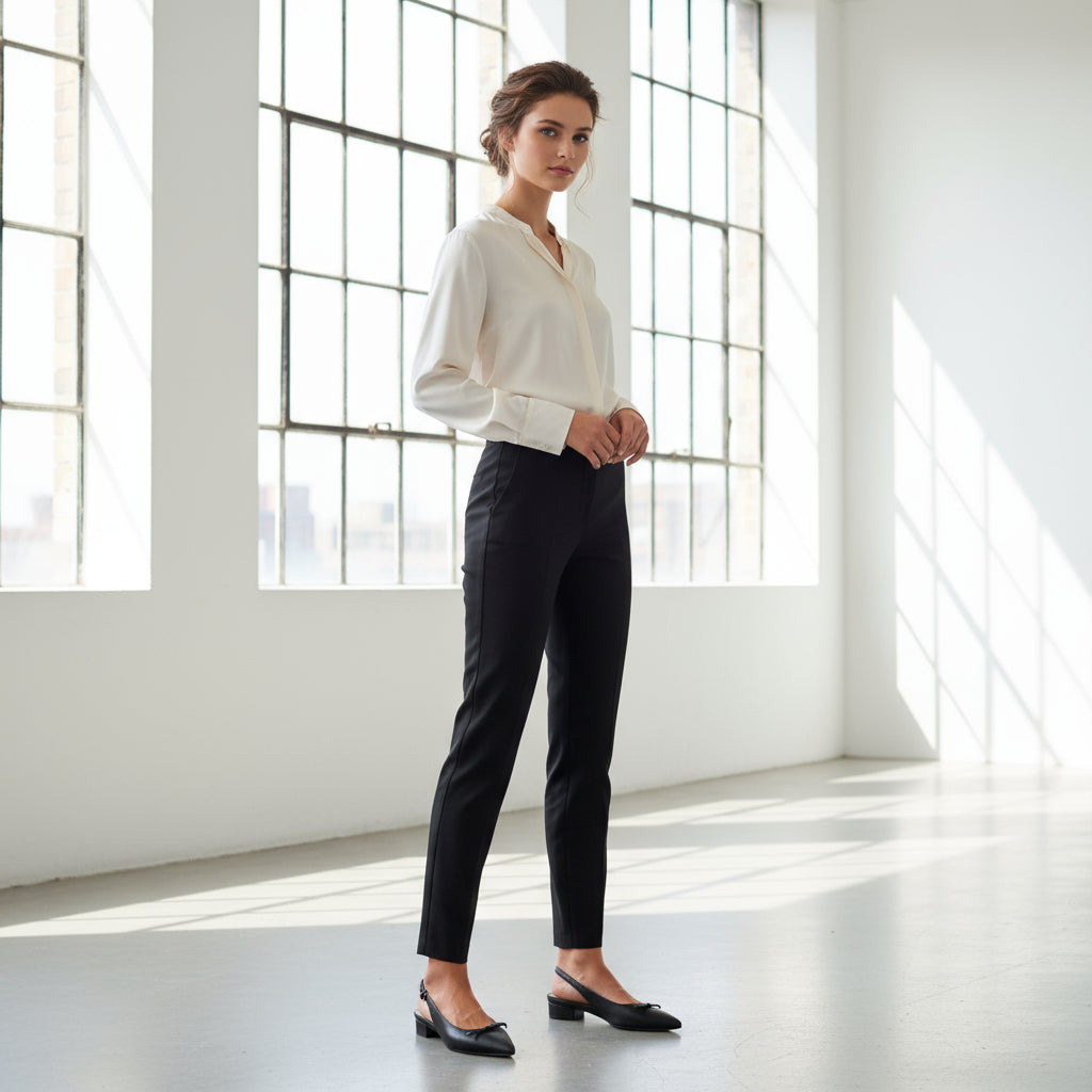 Woman in a white blouse and black pants standing in a bright, minimalistic room.