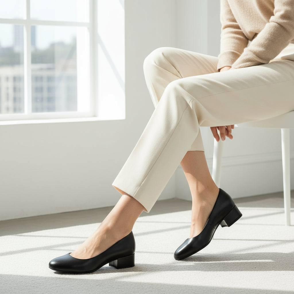 Model wearing smart cream tailoring and contrasting black leather pumps.