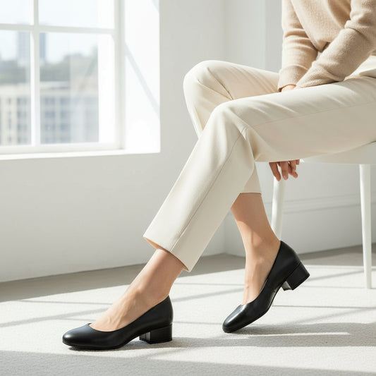 Model wearing smart cream tailoring and contrasting black leather pumps.