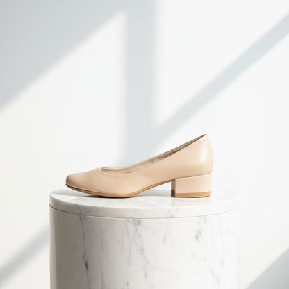 Almond toe petite beige leather ballerina pumnps. 