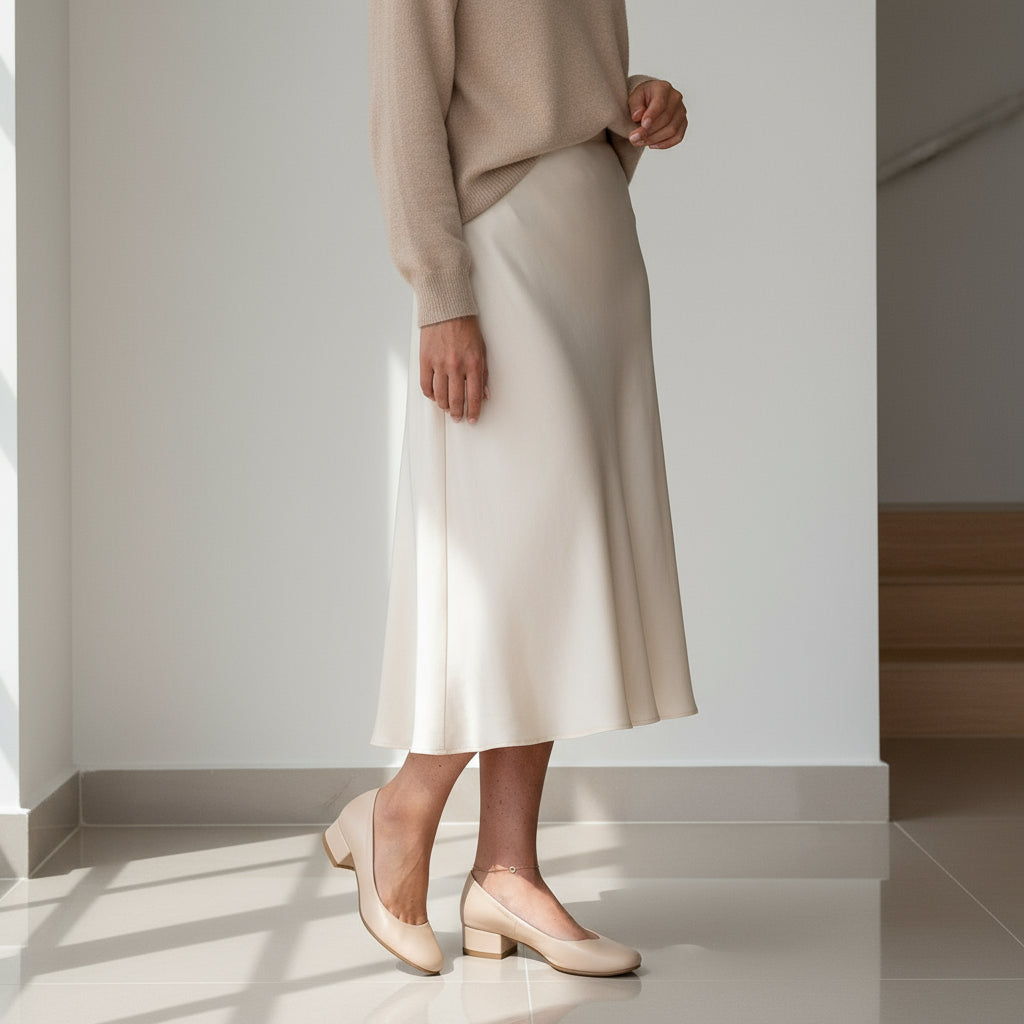 Woman wearing small size nude leather pump shoes