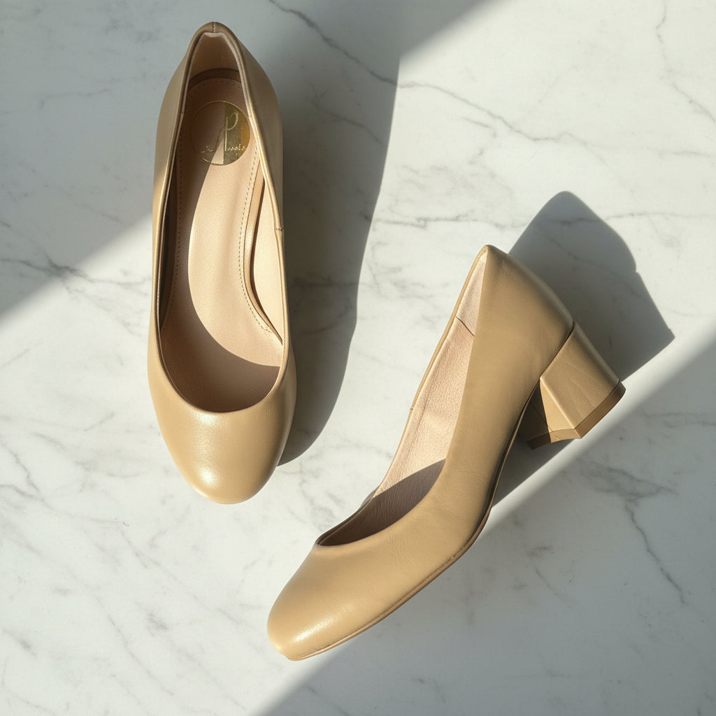 Pair of beige high-heeled shoes on a marble surface