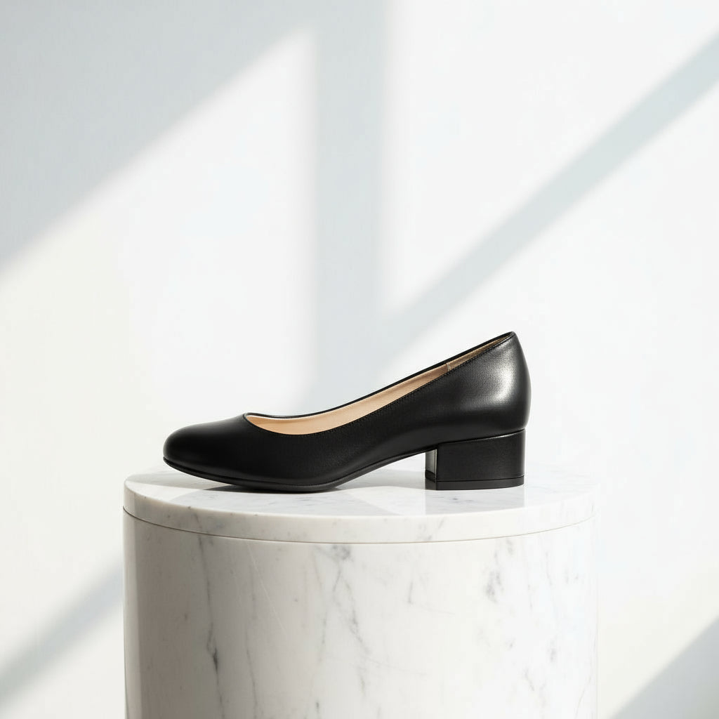 Petite black leather court shoes set on a 3cm block heel and elevated on a marble stand.