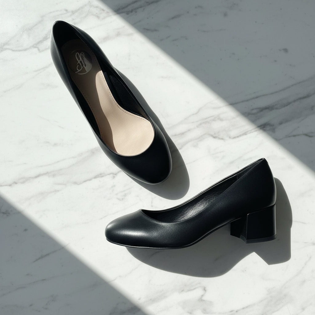 Pair of black high-heeled shoes on a light marble surface