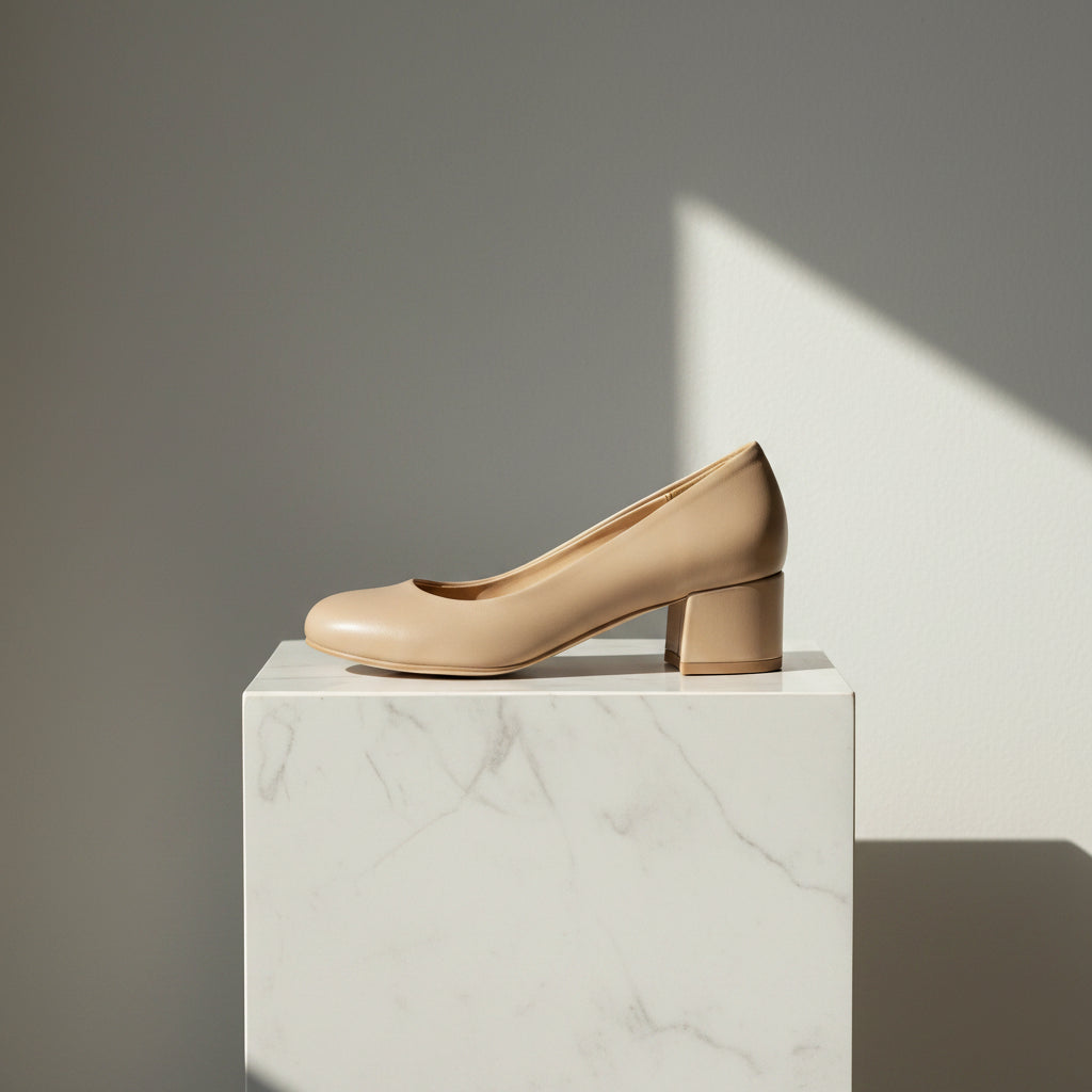 Beige shoe on a white marble pedestal against a gray background