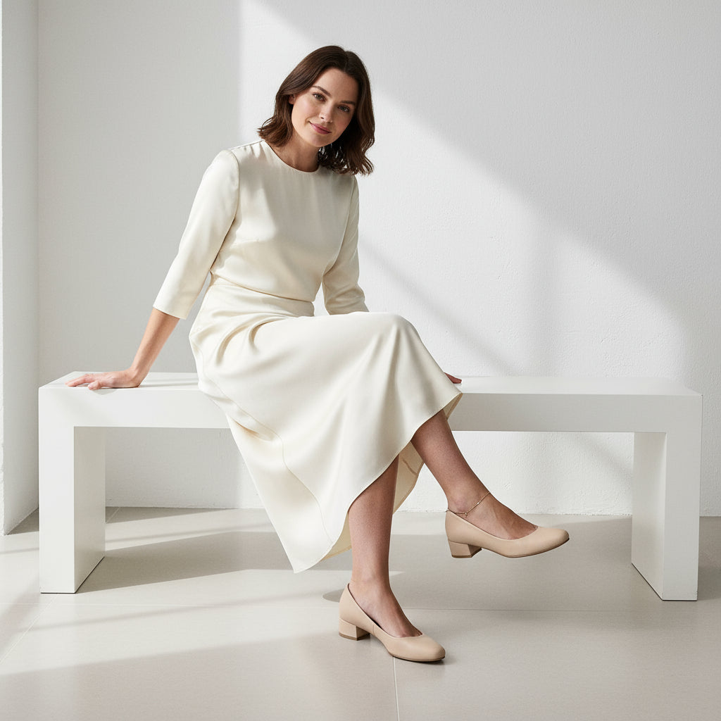 Model sat on a white bench wearing all white dress and nude heels. 