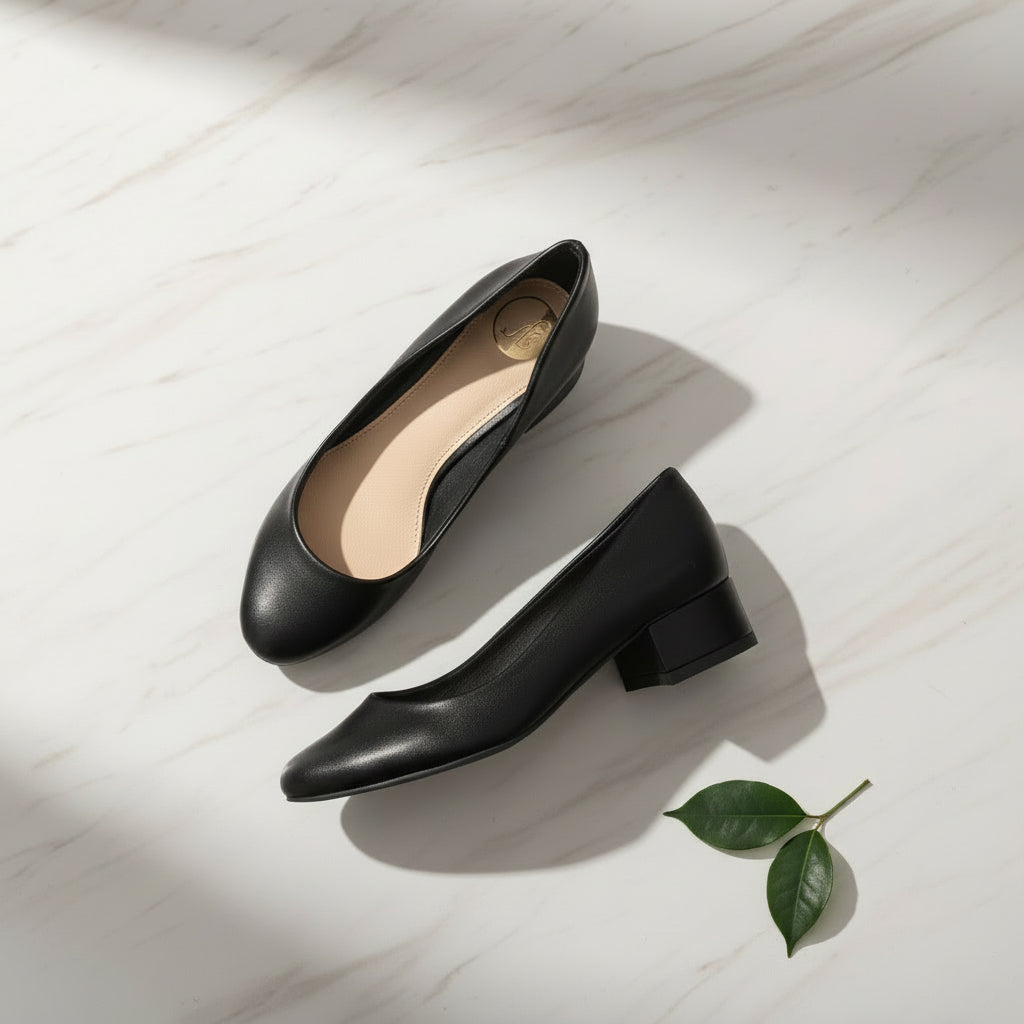 Black low heel leather pumps on a marlbe floor