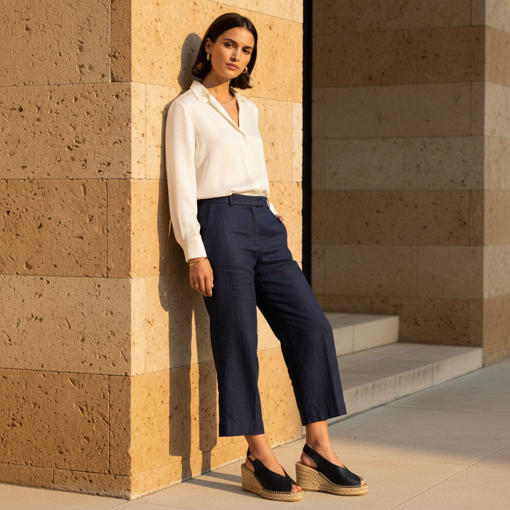 A woman stands outdoors against a beige stone wall, wearing a white long-sleeve button-up blouse, navy cropped trousers, and black espadrille wedge sandals.