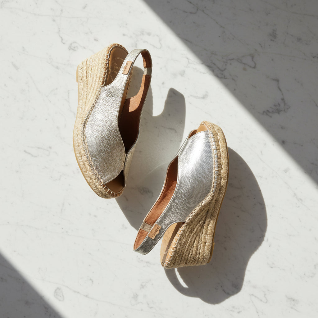 A pair of women's espadrille wedge sandals with metallic silver slingback uppers and natural jute-wrapped wedge heels, displayed on a white marble surface under sharp diagonal sunlight.