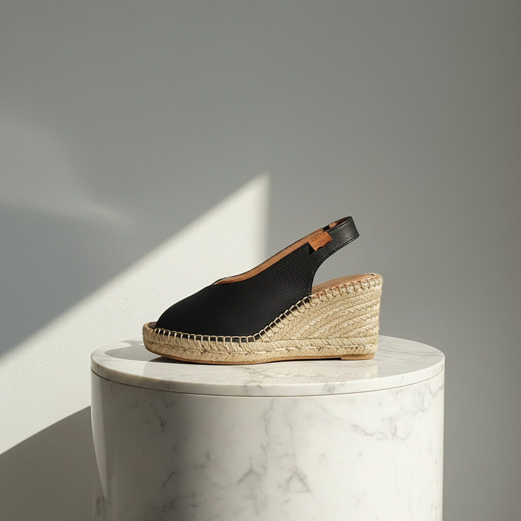 A single black espadrille wedge sandal with a jute-wrapped platform heel and slingback strap, displayed on a white marble pedestal against a gray wall with soft diagonal sunlight.