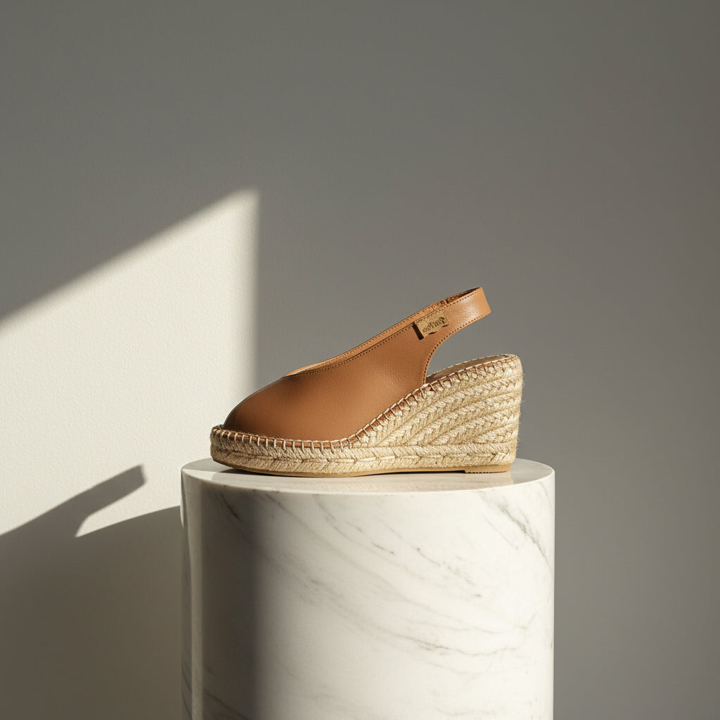 A single tan leather espadrille wedge sandal with a braided jute platform heel, displayed on a white marble cylinder pedestal against a gray background with a diagonal shadow.