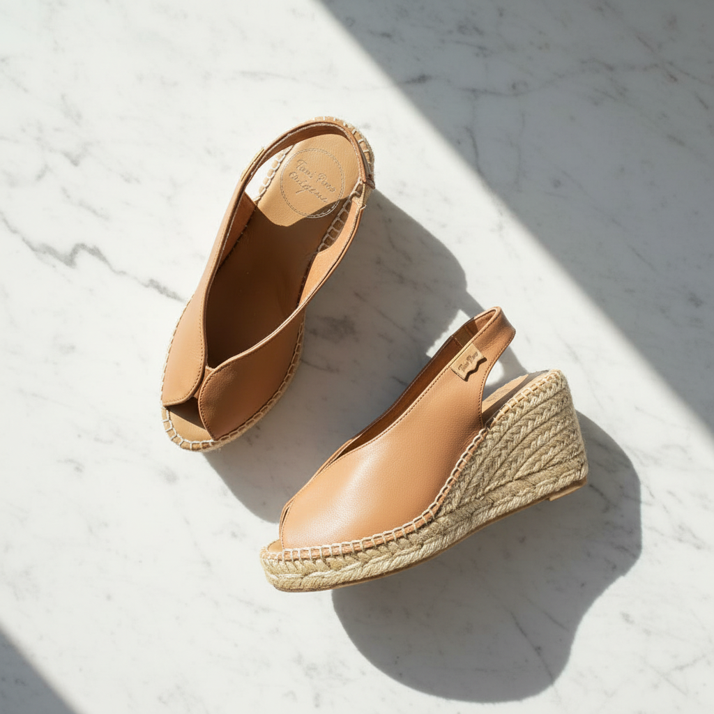 A pair of tan leather wedge espadrilles with braided jute soles, arranged on a white marble surface under sharp diagonal sunlight.