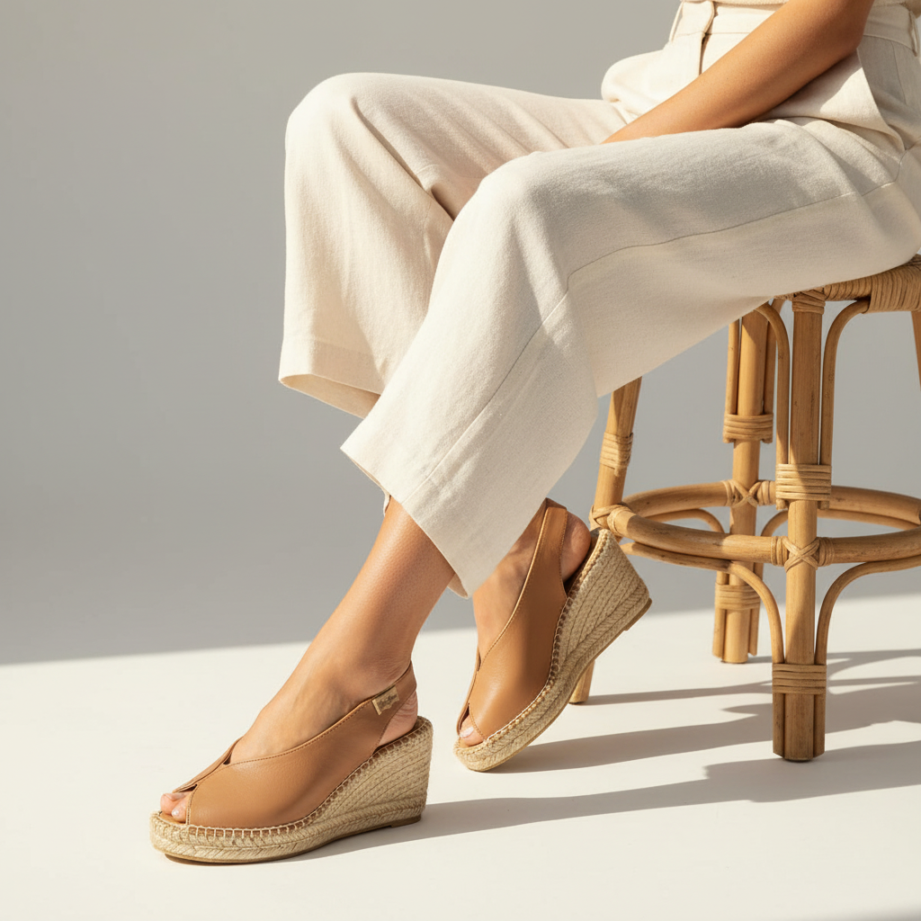 A person seated on a woven stool wearing tan espadrille wedge sandals with cream wide-leg pants in a bright studio setting.