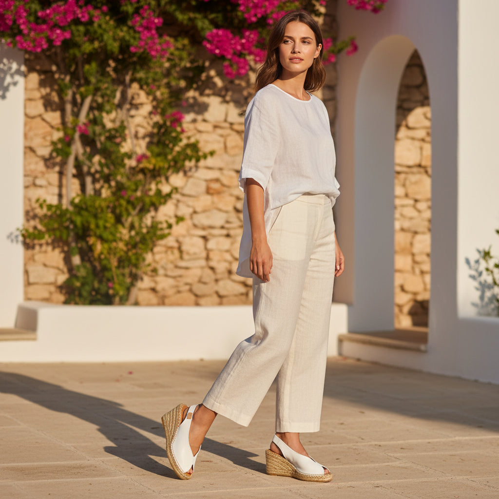 A pair of white leather wedge espadrilles with braided jute wedge heels, displayed on a textured beige concrete surface.