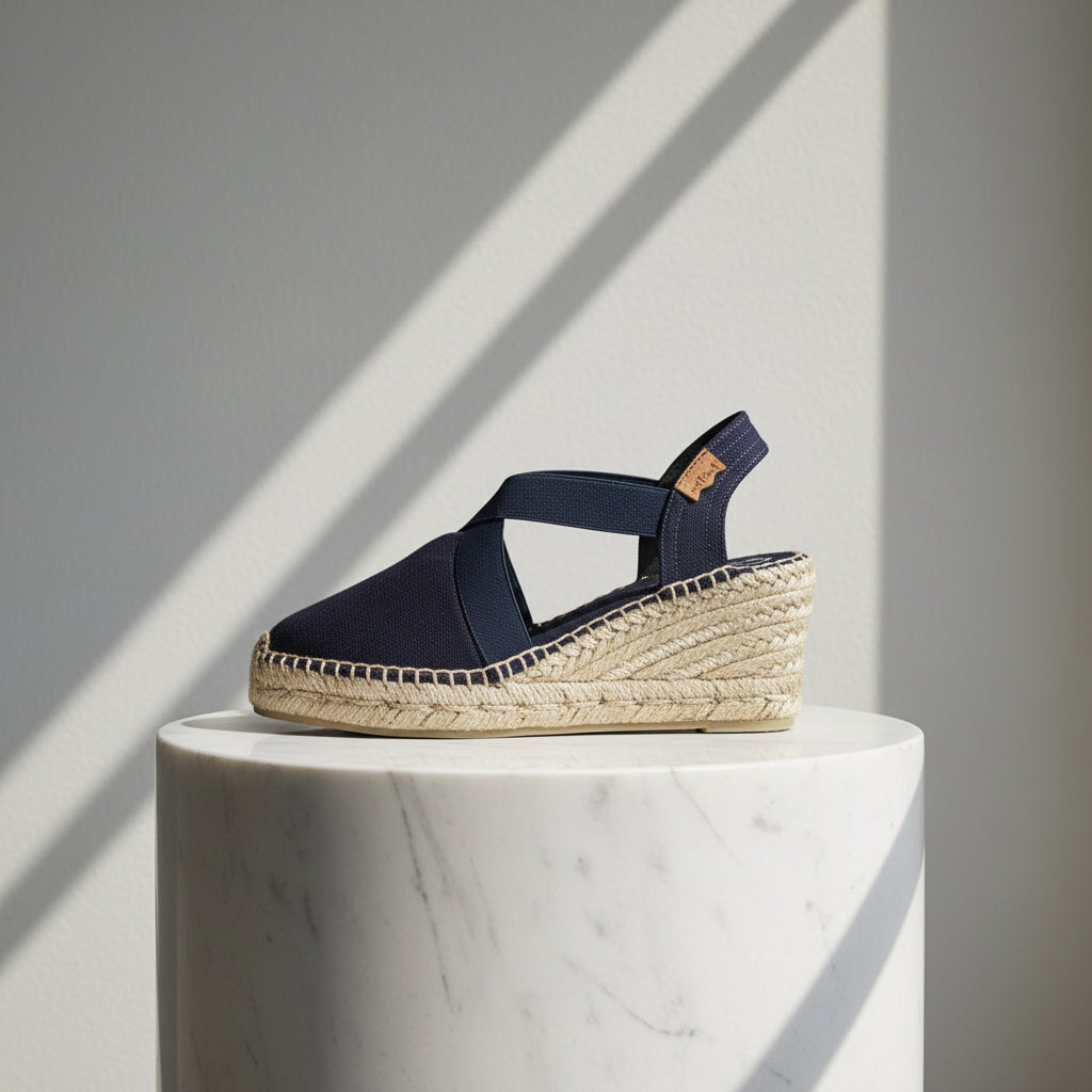 Navy espadrille sandal on a white marble pedestal with a gray background