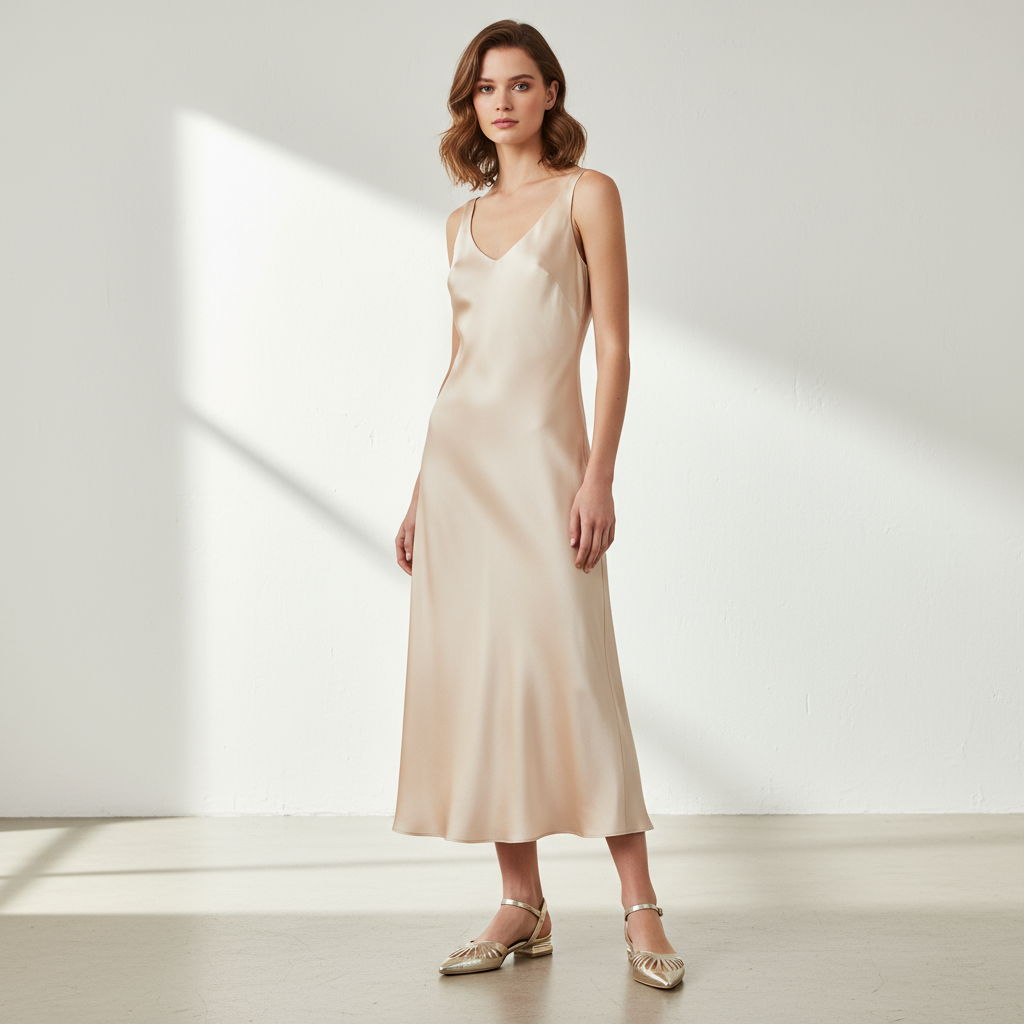 Woman wearing a beige slip dress in a minimalistic setting