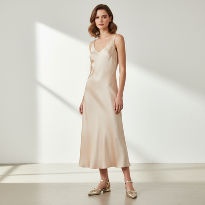 Woman wearing a beige slip dress in a minimalistic setting