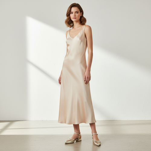 Woman wearing a beige slip dress in a minimalistic setting