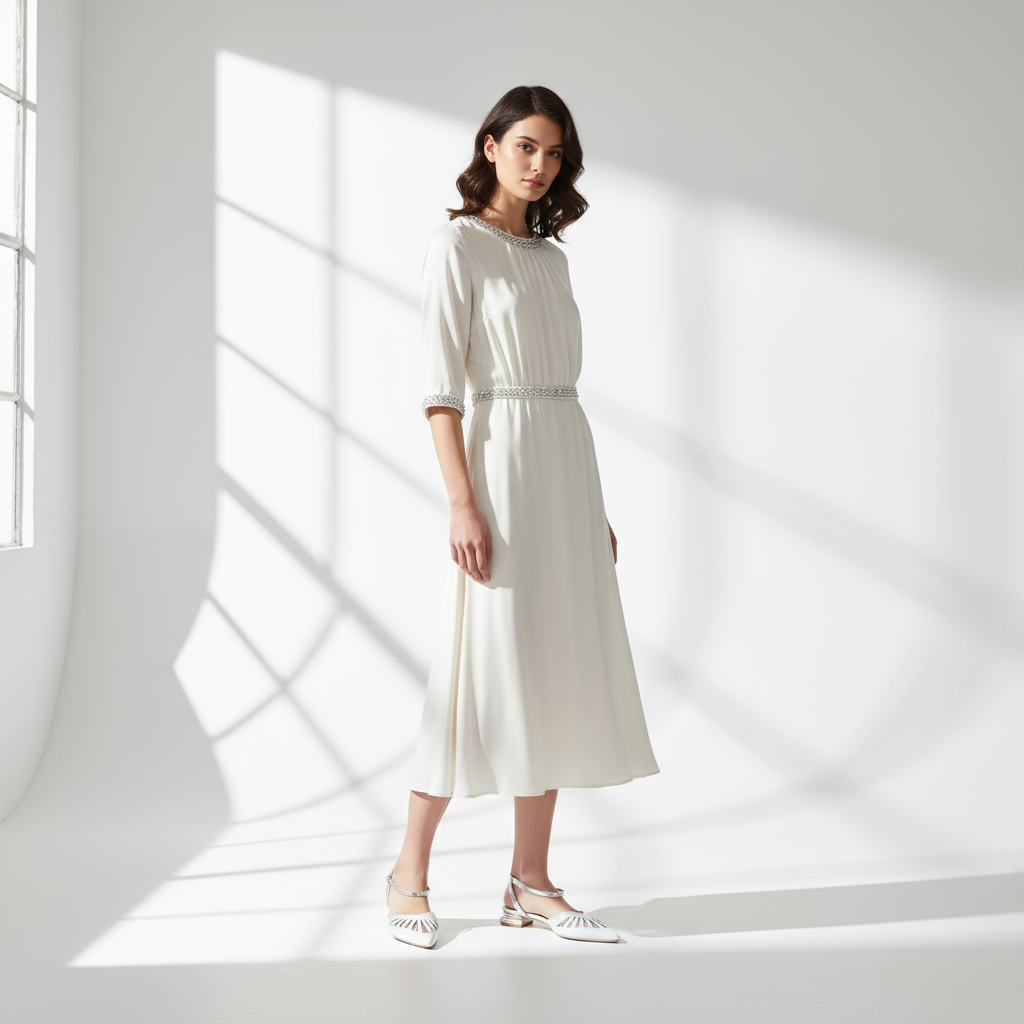 Pair of silver and gold pointed-toe shoes on a marble surface.