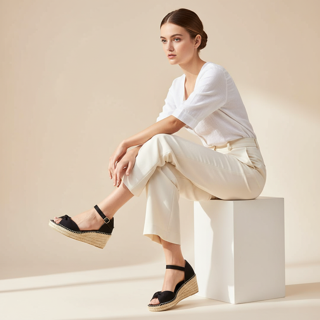 Woman sitting on a white cube wearing black sandals with beige soles against a beige background