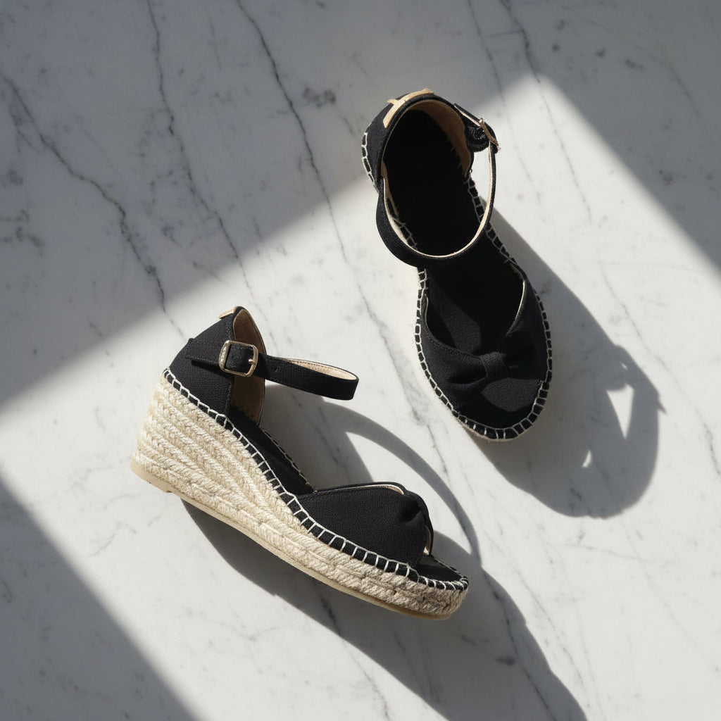 A pair of black espadrille wedge sandals with ankle straps and bow details, arranged on a white marble surface with strong diagonal shadows.