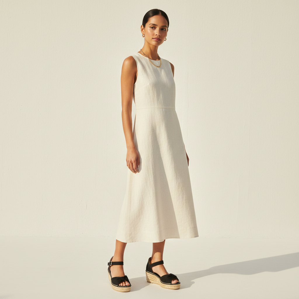 A woman modeling a sleeveless, knee-length cream linen dress with black espadrille wedge sandals against a warm off-white studio background.