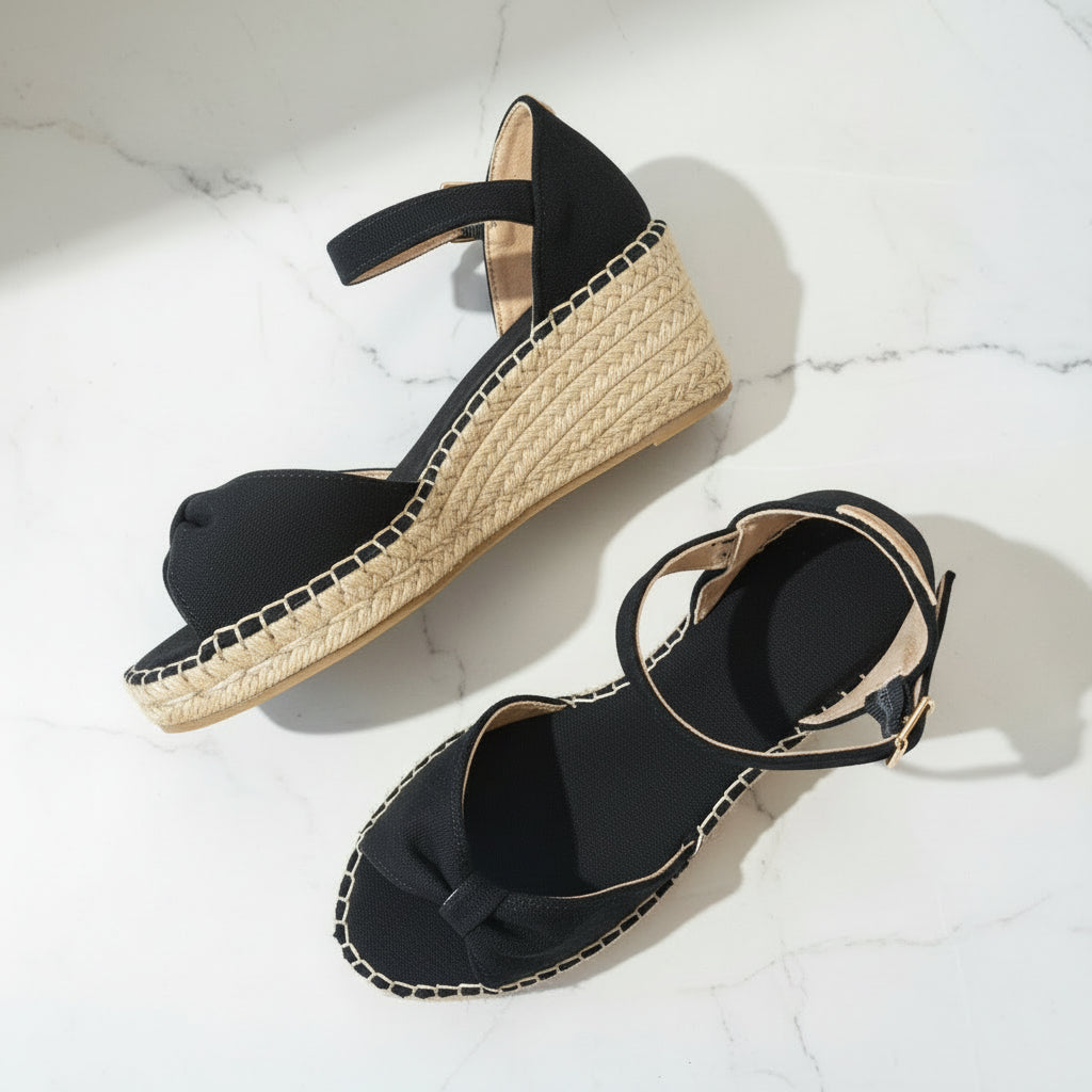 Black wedge sandals with woven sole on a light background