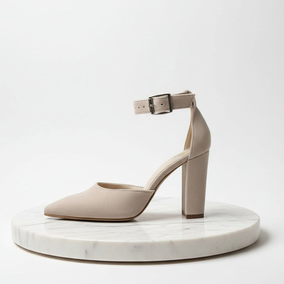 Side and top view of beige suede ankle strap block heels with buckle, petite women’s shoes.