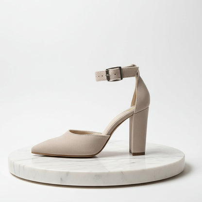 Side and top view of beige suede ankle strap block heels with buckle, petite women’s shoes.