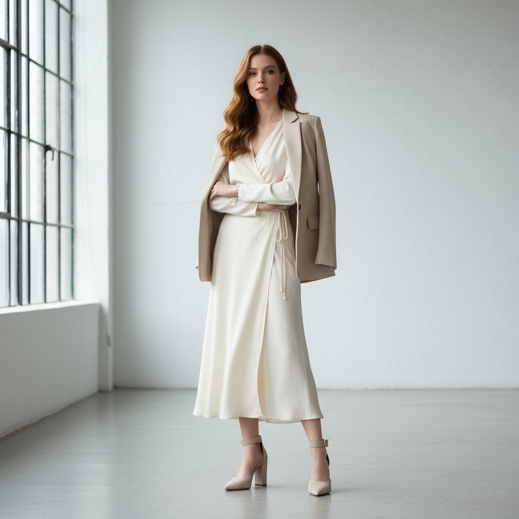 Woman in a white dress and beige blazer standing in a minimalistic room with large windows.