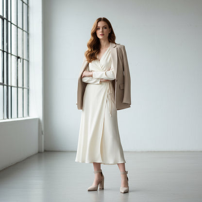 Woman in a white dress and beige blazer standing in a minimalistic room with large windows.