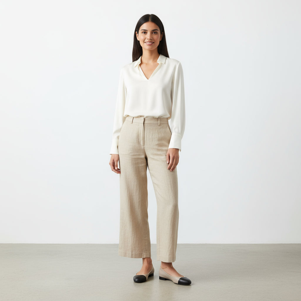 Person wearing black and white shoes on a light tiled floor