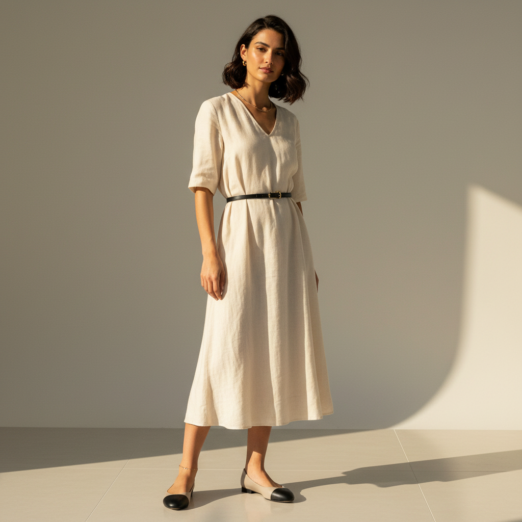 Woman wearing a beige dress standing against a neutral background