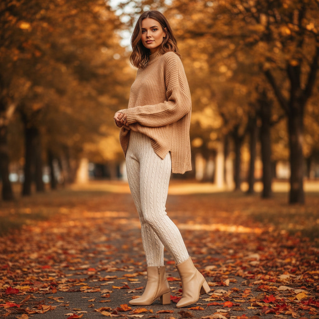 Woman in a beige sweater and pants standing on a path with autumn leaves and trees.