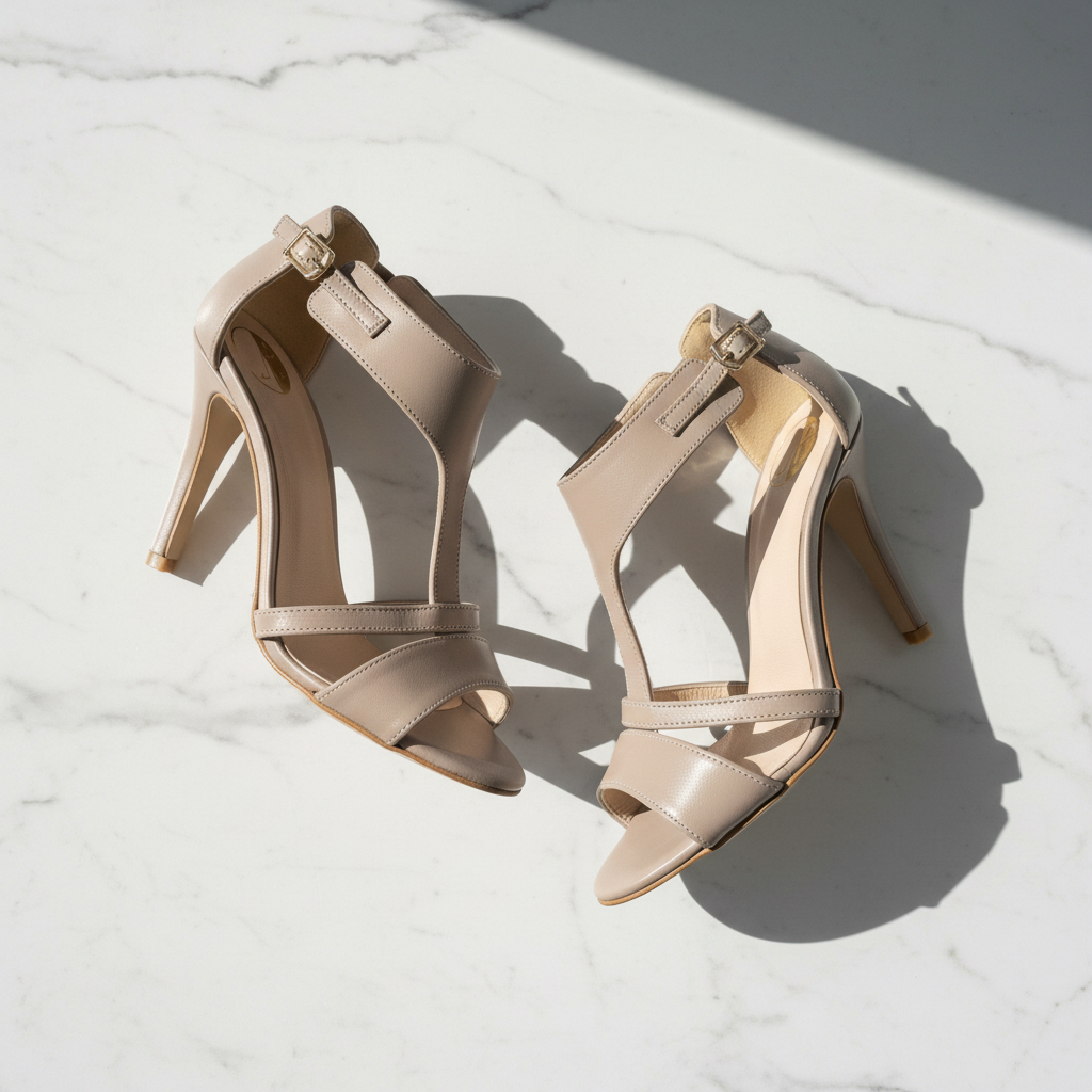 A pair of beige high-heeled sandals with open toes, ankle straps, and T-strap details, arranged on a white marble surface with strong sunlight and shadows.