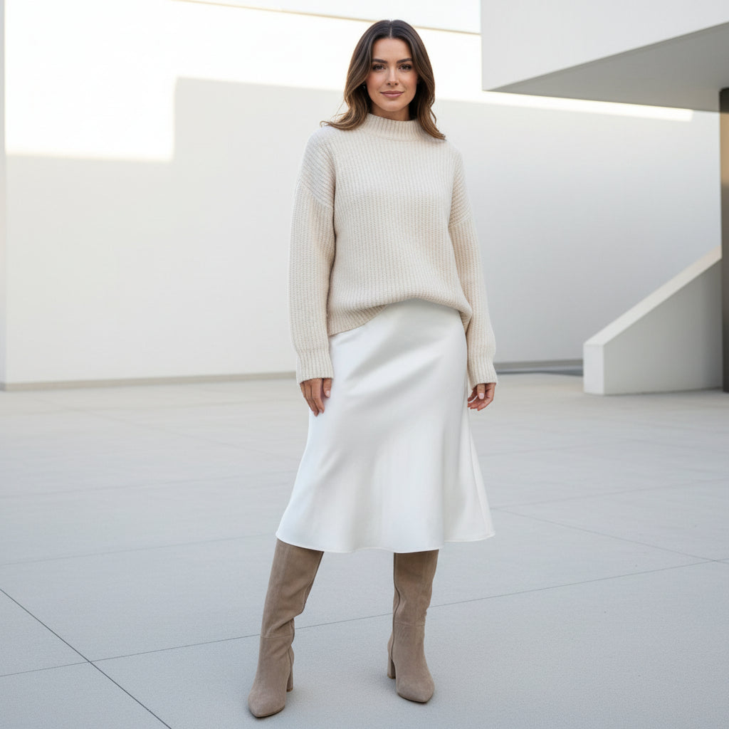 Woman wearing a cream sweater and white skirt with beige boots in a minimalistic setting.