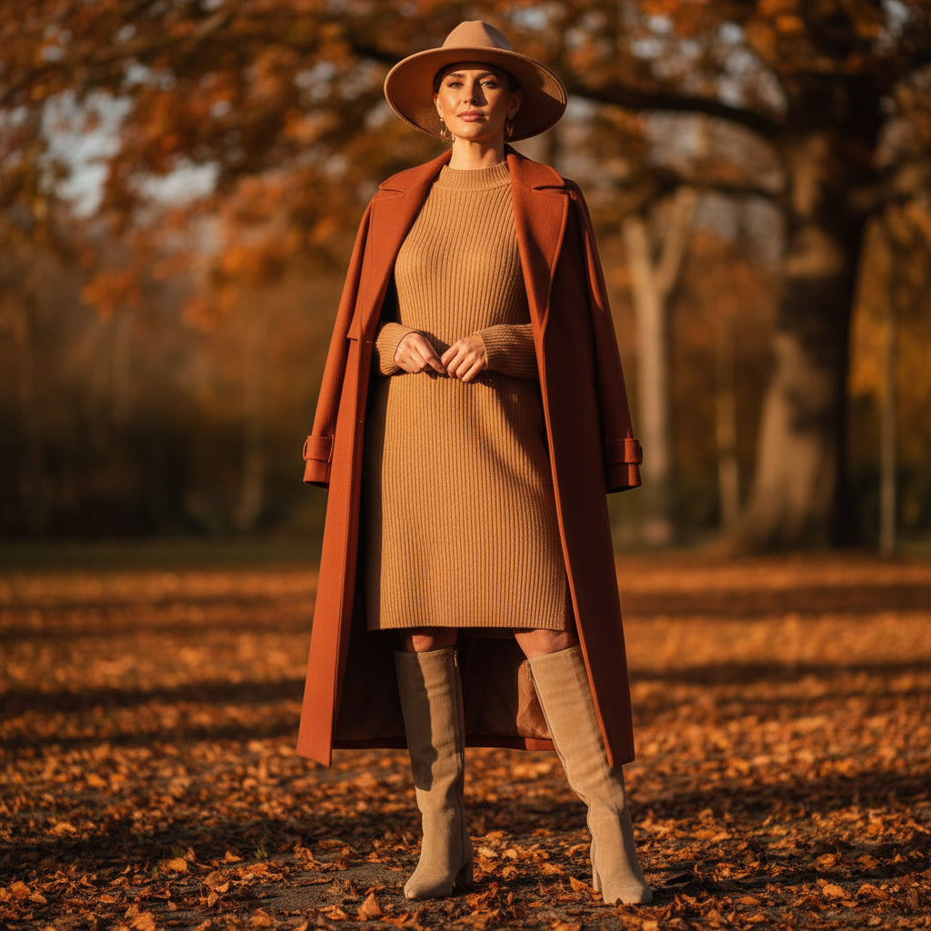 Woman in a long brown coat and hat standing in an autumn setting with trees and fallen leaves.