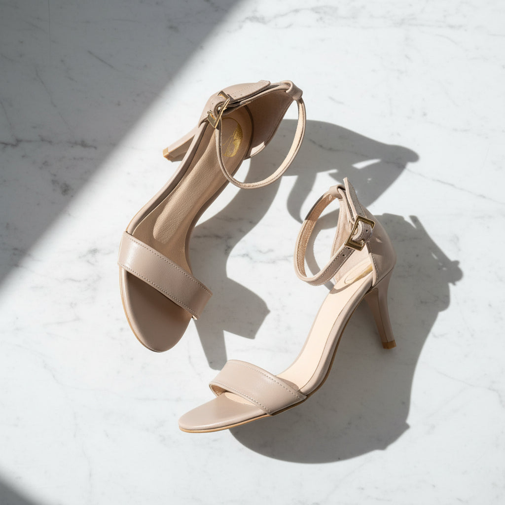 Pair of beige high-heeled sandals on a light marble surface