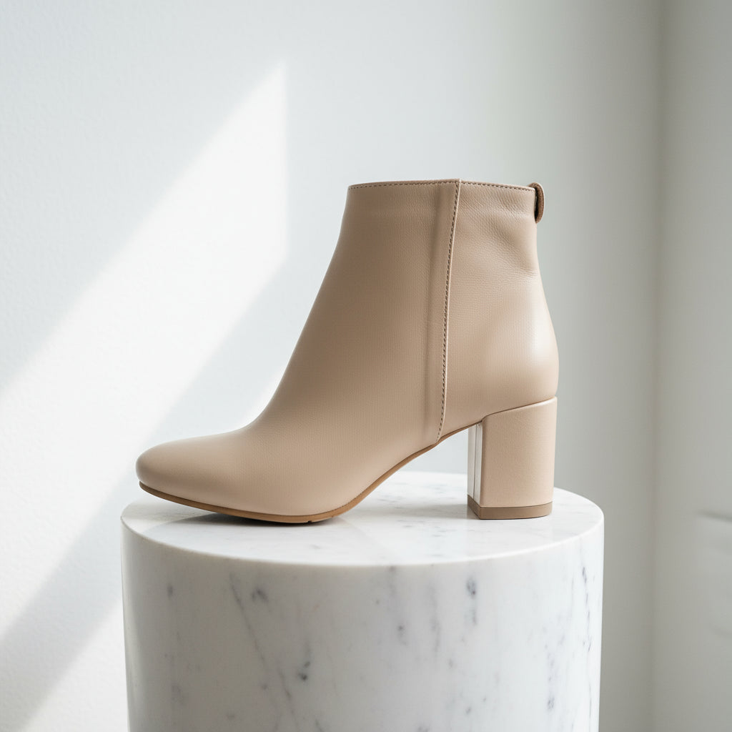 Beige ankle boot on a marble pedestal with a soft white background