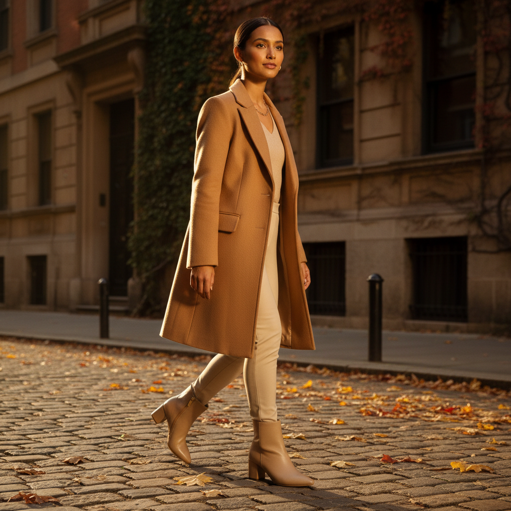 A woman walks on a cobblestone street wearing a camel-colored mid-length coat over a cream outfit, with beige ankle boots and a gold necklace. The background shows a warm-toned urban building facade with windows and ivy.
