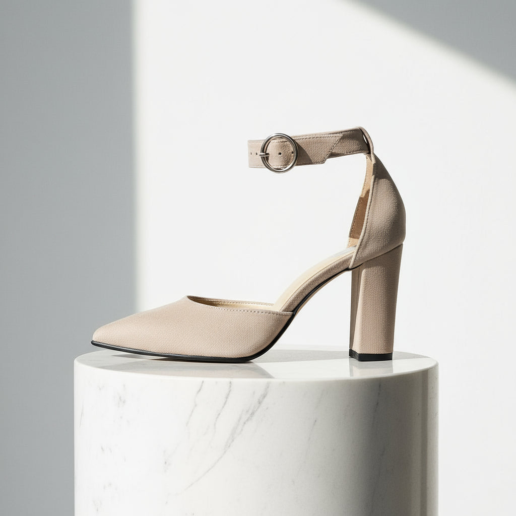 Beige high-heeled shoe with ankle strap on a white background