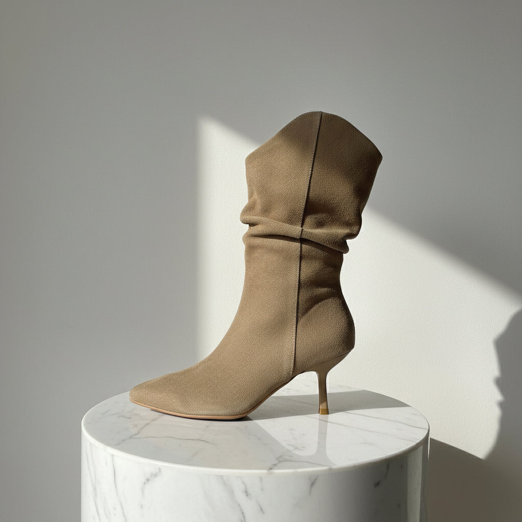 Brown suede boot on a light gray surface with a neutral background