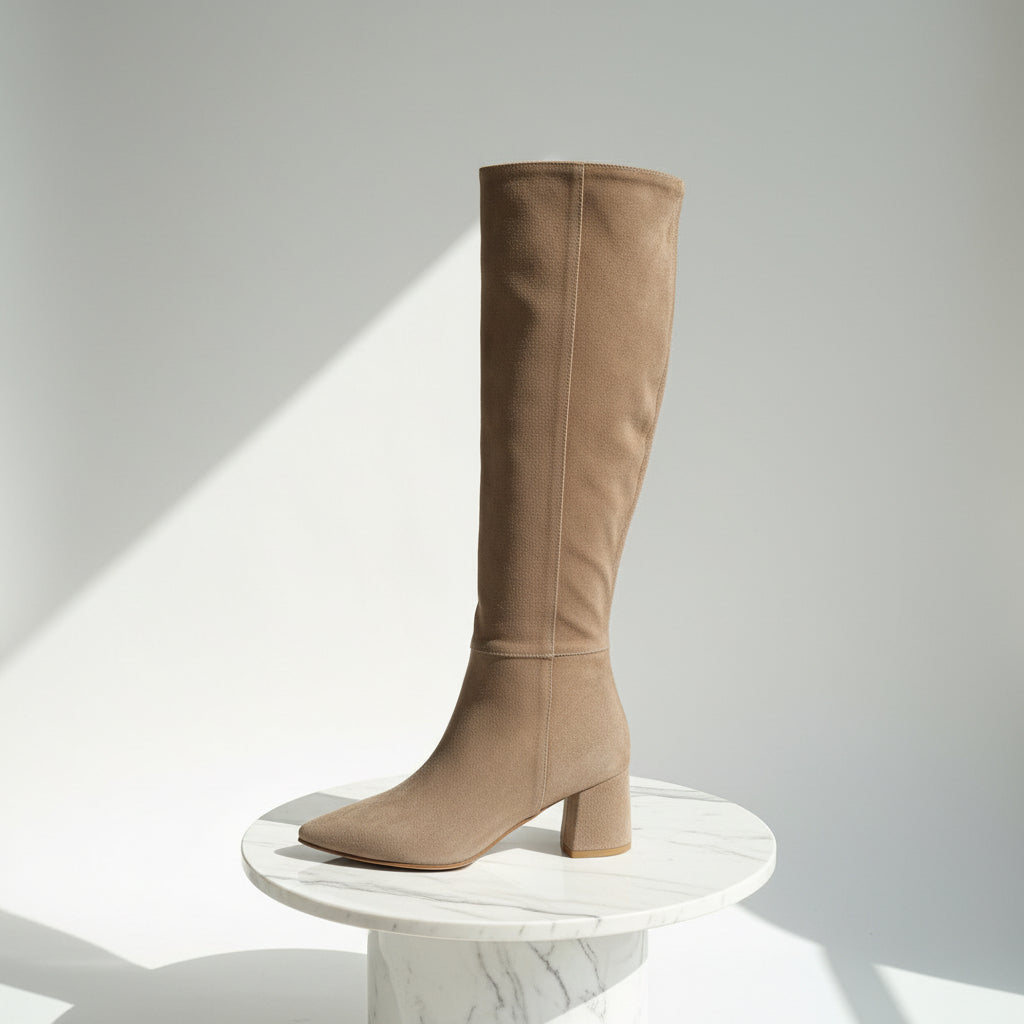 Tan knee-high boot on a white pedestal against a light gray background