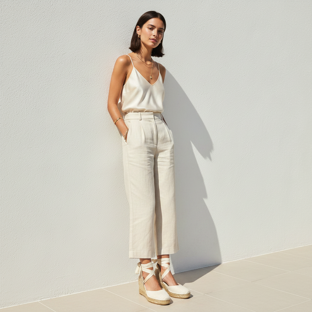 A woman stands against a light textured wall wearing a cream satin camisole top, matching cream wide-leg cropped trousers, and cream wedge sandals with lace-up straps.