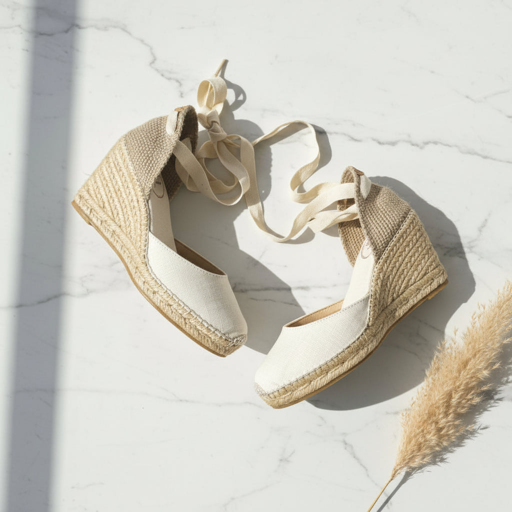Pair of beige wedge sandals with espadrille sole on a light marble background