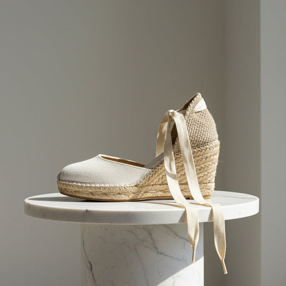 Cream espadrille on a marble pedestal against a neutral background